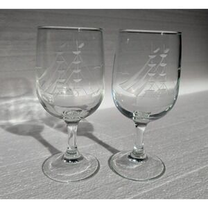 Javit Clipper Collection Etched Glass Sail Ship Wine Glass 10 oz VTG 6.5" Pair